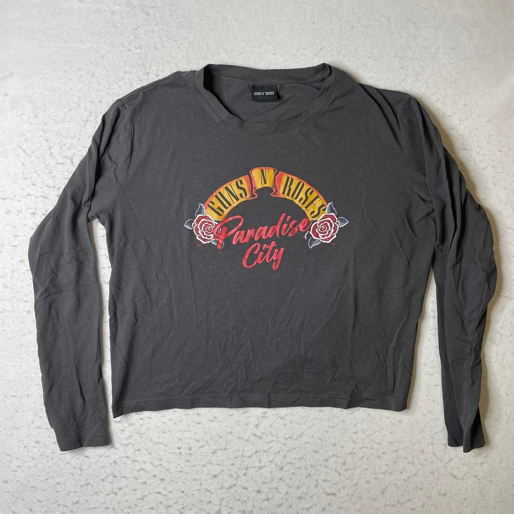 Guns N‎ Roses Long Sleeve Crop Top Womens Large Gray Paradise City Graphic Tee